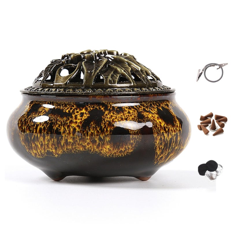 LamDawn Incense Burner with Calabash Incense Stick Holder - Porcelain Charcoal Censer for Use with Resin Granular Powder Cone or Coil Incense (Fambe Yellow) - Image 1